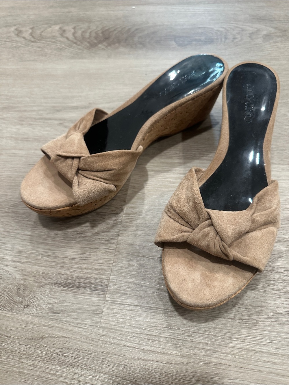 Jimmy Choo Tan Knot Suede Cork Wedge Slides